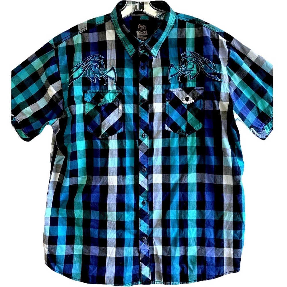 Route 66 Y2K Embroidered Tribal Button Down Shirt Mens XL Blue Green Plaid Retro
